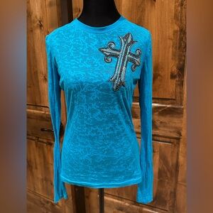 Rock & Roll Cowgirl Teal Long Sleeve with Embellished Cross